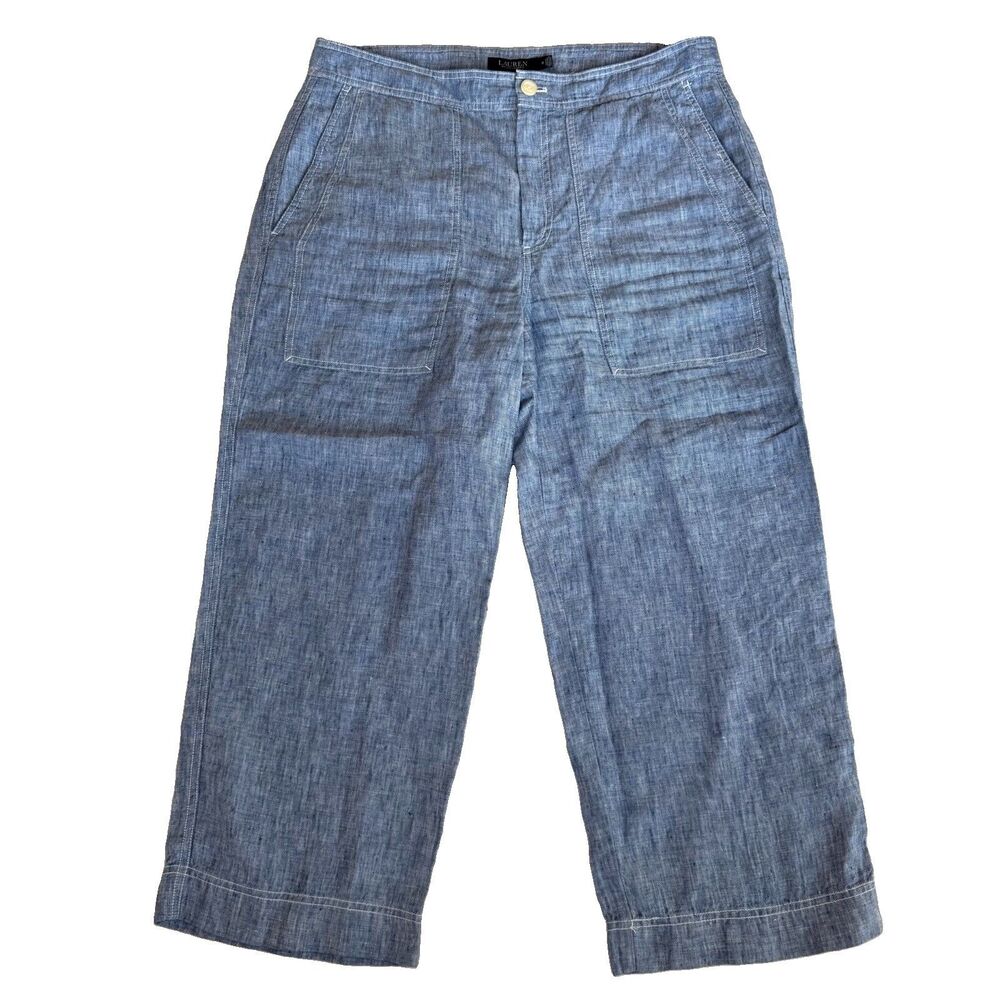 Ralph Lauren Linen Pants Women Size 12 Blue Wide Leg Summer Beach Boho 1029